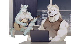 Rule 34 | 2boys, abs, animal ears, bara, bare arms, bear boy, bear ears, black male underwear, body fur, casual, computer, cross scar, dog boy, dog ears, dog tail, facial hair, full body, furry, furry male, glasses, goatee, grey tank top, guitar, highres, instrument, laptop, large pectorals, male focus, male underwear, mature male, multiple boys, muscular, muscular male, nipples, original, pectoral cleavage, pectorals, round eyewear, scar, seato-hao, short hair, snout, tail, tank top, topless male, underwear, underwear only, upper body, white fur