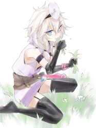 Rule 34 | 1girl, arm strap, black gloves, black thighhighs, blonde hair, blue eyes, breast cutout, dress, eating, elbow gloves, expressionless, from side, full body, garter straps, gloves, grass, hair over shoulder, hands up, head mirror, highres, holding, holding grass, ikuhana niiro, indie virtual youtuber, kasukabe tsukushi, long hair, looking at viewer, looking to the side, low twintails, no bra, on ground, purple dress, short dress, simple background, sitting, solo, thighhighs, twintails, virtual youtuber, wariza, white background