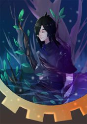 Rule 34 | 00s, 1boy, bad id, bad pixiv id, bandages, black hair, closed eyes, fakir (princess tutu), gears, hair over one eye, long hair, male focus, partially submerged, princess tutu, qvwd, solo, tree, water