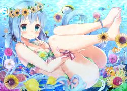 Rule 34 | 1girl, air bubble, aqua eyes, bare arms, bare legs, bare shoulders, barefoot, bikini, bikini top only, black ribbon, blue hair, blush, bow, breasts, bubble, cleavage, clownfish, collarbone, commentary request, coral, feet, finger to mouth, fish, fish request, floral print, flower, flower request, flower wreath, frilled bikini, frilled bikini top, frills, from side, green bikini, green bow, hair ribbon, halterneck, highres, kuune rin, leaf, legs up, long hair, looking at viewer, looking to the side, low twintails, lying, medium breasts, on back, original, polka dot, polka dot ribbon, print bikini, print bikini top, ribbon, smile, solo, striped ribbon, sunflower, surgeonfish, swimsuit, toes, tropical fish, twintails, underwater, very long hair, wrist ribbon