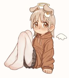 Rule 34 | 1girl, angel wings, animal ears, brown eyes, child, detached wings, dog ears, dog girl, egg (food), egg hair ornament, expressionless, feet, food, food-themed hair ornament, fried egg, funny (syrupmelty), hair ornament, halo, highres, hood, hoodie, knees up, light brown hair, medium hair, on floor, orange hoodie, original, pantyhose, pleated skirt, sitting, skirt, solo, syrupmelty, tareme, toes, white background, white pantyhose, wings