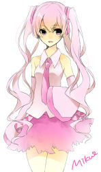 Rule 34 | 1girl, alternate color, alternate eye color, alternate hair color, bad id, bad pixiv id, bare shoulders, character name, detached sleeves, female focus, hatsune miku, kakizato, light smile, long hair, miniskirt, necktie, open mouth, pink eyes, pink hair, pink skirt, simple background, skirt, sleeves past wrists, solo, twintails, very long hair, vocaloid, wavy hair, white background