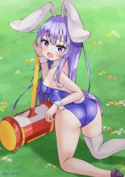 Rule 34 | 1girl, animal ears, ass, bare shoulders, breasts, detached collar, erina (rabi-ribi), from behind, grass, highres, kneeling, kneepits, leotard, long hair, looking at viewer, looking back, open mouth, outdoors, piyodraco, purple eyes, purple hair, purple leotard, rabbit ears, rabbit girl, rabbit tail, rabi-ribi, shoes, sideboob, single thighhigh, smile, solo, strapless, strapless leotard, tail, thighhighs, thighs, toy hammer, wrist cuffs