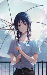 Rule 34 | 1girl, absurdres, backlighting, black hair, black pants, breasts, buttons, closed mouth, cloud, cloudy sky, commentary request, cowboy shot, day, expressionless, hair between eyes, highres, holding, holding umbrella, long hair, looking at viewer, low twintails, matsunaga777, medium breasts, outdoors, pants, railing, shirt, shirt tucked in, short sleeves, sky, solo, standing, sunlight, tamura yuri, transparent, transparent umbrella, twintails, umbrella, watashi ga motenai no wa dou kangaetemo omaera ga warui!, white shirt