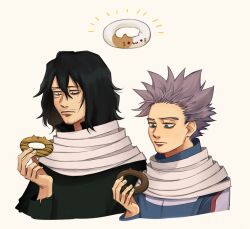 Rule 34 | 2boys, bags under eyes, black hair, boku no hero academia, closed mouth, cropped torso, doughnut, eraser head (boku no hero academia), facial hair, fingernails, food, grey scarf, holding, holding food, looking at food, male focus, multiple boys, mustache, purple hair, rnuyvm, scar, scar on face, scarf, shinsou hitoshi, short hair, simple background, sparse stubble, spiked hair, white background