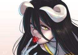 Rule 34 | 1girl, albedo (overlord), berry, black hair, eating, horns, lipstick, long hair, looking at viewer, makeup, masiro, overlord (maruyama), slit pupils, solo, upper body, yellow eyes