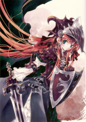 Rule 34 | 1girl, armor, armored dress, blue eyes, couter, frills, hair between eyes, helmet, highres, knight, long hair, medieval, red hair, shield, solo, sumi keiichi, sword, weapon