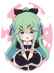Rule 34 | 1girl, alternate costume, black dress, black ribbon, black thighhighs, blue bow, bow, commentary request, dress, full body, green eyes, green hair, hair between eyes, hair bow, hair ornament, hair ribbon, hairclip, highres, kantai collection, long hair, looking at viewer, no nose, parted bangs, polka dot, polka dot bow, ponytail, ribbon, seiza, sidelocks, sitting, solo, suzuki toto, thighhighs, two-tone background, white background, yamakaze (kancolle)