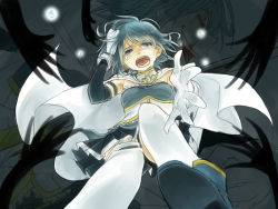 Rule 34 | 10s, 1girl, blood, blue eyes, blue hair, cape, dual persona, gloves, grabbing another&#039;s hair, holding, holding hair, kurumi (ikura125), magical girl, mahou shoujo madoka magica, mahou shoujo madoka magica (anime), miki sayaka, multiple hands, outstretched hand, spoilers, sword, tears, thighhighs, weapon