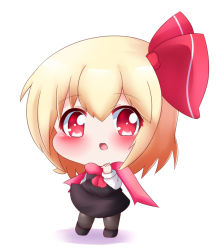 Rule 34 | 1girl, :o, arm up, ascot, black footwear, black pantyhose, black skirt, black vest, blonde hair, chibi, commentary, full body, hair between eyes, hair ribbon, holding, holding clothes, holding scarf, looking at viewer, pantyhose, pink scarf, red ascot, red eyes, ribbon, rumia, scarf, shadow, shirt, short hair, simple background, skirt, solo, standing, symbol-only commentary, touhou, vest, white background, white shirt, yairenko