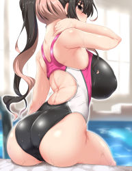 Rule 34 | 1girl, ass, back, bad id, bad twitter id, black hair, breasts, butt crack, competition swimsuit, from behind, grey eyes, hand on own neck, highres, huge breasts, kantai collection, long hair, looking back, multicolored hair, naganami (kancolle), one-piece swimsuit, pink hair, ponytail, pool, sitting, solo, swimsuit, water, water drop, wet, wet hair, yoshi tama