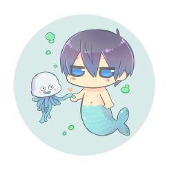 Rule 34 | 10s, 1boy, black hair, blue eyes, blush stickers, bubble, chibi, crossover, dragon quest, eye contact, free!, full body, future fish, hair between eyes, heart, holding hands, jellyfish, looking at another, male focus, memeo (candy house), merman, monster, monster boy, nanase haruka (free!), navel, nipples, no mouth, no pupils, nude, scales, man o&#039; war (dragon quest), slime (dragon quest), tail, tentacles, underwater, water