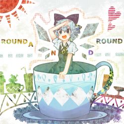 Rule 34 | 1girl, bad id, bad pixiv id, blue eyes, blue hair, bow, cirno, cup, daiyousei, drinking straw, hair bow, heart, highres, ice, ice wings, itomugi-kun, matching hair/eyes, open mouth, solo, sun, teacup, touhou, wings