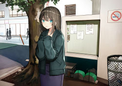 Rule 34 | 1girl, blue eyes, blush, brown hair, building, cardigan, closed mouth, commentary request, day, green cardigan, hair between eyes, hands up, kurata rine, long hair, long sleeves, looking at viewer, no smoking, open cardigan, open clothes, original, outdoors, purple skirt, skirt, sleeves past wrists, solo focus, trash can, tree, window
