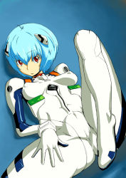 Rule 34 | 1girl, antenna hair, aqua hair, ayanami rei, blue background, blue hair, bodysuit, bracer, breasts, cameltoe, covered erect nipples, crotch, dutch angle, expressionless, fat mons, from above, gloves, hair between eyes, hair ornament, hand on own thigh, impossible bodysuit, impossible clothes, interface headset, knee up, looking at viewer, lying, neon genesis evangelion, on back, parted lips, perky breasts, pilot suit, plugsuit, red eyes, sfix, shadow, short hair, skin tight, small breasts, solo, spread legs, suka kusujirou, thighs, turtleneck