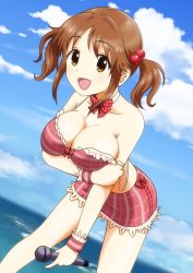 Rule 34 | 10s, 1girl, 7001, :d, bare shoulders, bow, breast lift, breasts, brown eyes, brown hair, cloud, collarbone, day, hair bobbles, hair ornament, idolmaster, idolmaster cinderella girls, large breasts, leaning forward, microphone, open mouth, short twintails, sky, smile, strap slip, totoki airi, twintails, wristband