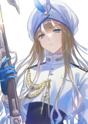Rule 34 | 1boy, absurdres, blonde hair, blue eyes, blue hair, commentary, cropped shirt, fate/grand order, fate/grand order arcade, fate (series), gradient hair, gun, hat feather, highres, holding, holding gun, holding weapon, long hair, long sleeves, looking at viewer, male focus, mmgmde, multicolored hair, noah (fate), parted lips, shirt, simple background, solo, teeth, turban, upper body, weapon, white background, white headwear, white shirt