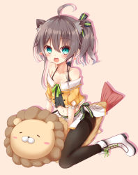 Rule 34 | 1girl, ahoge, animal ears, blush, boots, breasts, camisole, cat ears, closed eyes, commentary request, ebi frion (natsuiro matsuri), green eyes, hair ornament, heart, highres, hololive, natsuiro matsuri, natsuiro matsuri (1st costume), open mouth, pantyhose, pinstripe camisole, pinstripe pattern, side ponytail, simple background, sitting, small breasts, solo, striped, virtual youtuber