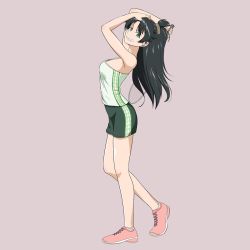 Rule 34 | 10s, 1girl, adjusting hair, arched back, badminton racket, bare shoulders, black hair, breasts, camisole, character request, from side, full body, green eyes, grin, hair ornament, hairclip, hand on own head, hanebado!, head back, kito 3 tyoki-tyoki, long hair, looking at viewer, medium breasts, miniskirt, pink footwear, racket, simple background, skirt, smile, solo, standing