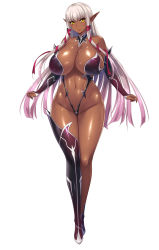 Rule 34 | 1girl, aoi nagisa (metalder), asymmetrical legwear, boots, breasts, covered erect nipples, dark-skinned female, dark elf, dark skin, detached collar, elbow gloves, elf, evelyn celebrian, female focus, full body, gloves, gradient hair, hair ribbon, highres, huge breasts, multicolored hair, navel, official art, pink hair, pointy ears, puffy nipples, revealing clothes, ribbon, shiny skin, single thighhigh, smile, solo, thigh boots, thighhighs, uneven legwear, white background, yellow eyes, youkoso! sukebe elf no mori e