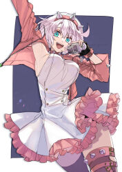 Rule 34 | 1girl, aqua eyes, blue eyes, breasts, collar, elphelt valentine, frills, gloves, guilty gear, guilty gear strive, hairband, jacket, jewelry, large breasts, leather, leather jacket, maka (morphine), microphone, music, open clothes, open jacket, open mouth, pink jacket, short hair, sideboob, singing, smile, solo, spiked collar, spiked hairband, spikes, thighhighs, thighs, white hair