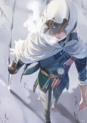 Rule 34 | 1boy, aqua eyes, arm grab, armor, arms at sides, barefoot, blonde hair, blouse, breath, cloak, collared shirt, day, feet out of frame, from above, glowing, glowing eyes, grey pants, hair between eyes, highres, holding, holding sword, holding weapon, hood, hooded cloak, japanese armor, katana, long sleeves, male focus, nature, one eye covered, outdoors, pants, parted lips, sash, serota, shaded face, shadow, shirt, short hair, sleeves rolled up, snow, solo, sword, torn cloak, torn clothes, torn shirt, touken ranbu, walking, weapon, white cloak, wide-eyed, yamanbagiri kunihiro