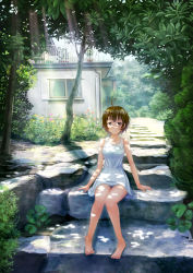 Rule 34 | 1girl, ahoge, barefoot, blush, breasts, brown hair, closed mouth, collarbone, collared dress, dappled sunlight, day, dress, hamari rin, highres, looking at viewer, medium breasts, nature, original, outdoors, scenery, short hair, smile, solo, sunlight, white dress, window