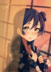Rule 34 | 10s, 1girl, bamboo screen, blue hair, blush, brown eyes, floral print, hair between eyes, hair bun, hand on own chest, highres, japanese clothes, kimono, lilylion26, long hair, looking at viewer, love live!, love live! school idol festival, love live! school idol project, off shoulder, side bun, signature, single side bun, solo, sonoda umi, upper body, yukata