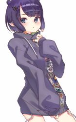 Rule 34 | 1girl, blue eyes, blush, breasts, highres, hololive, hololive english, hood, hoodie, long sleeves, looking at viewer, ninomae ina&#039;nis, ninomae ina&#039;nis (loungewear), parted bangs, pixie cut, pointy ears, purple hair, purple hood, purple hoodie, short hair, sleeves past wrists, small breasts, solo, swept bangs, tentacle hair, triangle mouth, virtual youtuber, watashishi