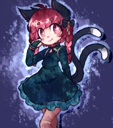 Rule 34 | + +, 1girl, animal ears, antenna hair, arm behind back, black bow, blunt bangs, blush, bow, braid, bridal gauntlets, cat ears, cat tail, closed mouth, dreamysuite, drop shadow, fang, fang out, feet out of frame, hair bow, hand on own cheek, hand on own face, hand up, kaenbyou rin, looking to the side, multiple tails, nekomata, purple background, red eyes, red hair, simple background, smile, solo, tail, tassel, touhou, twin braids, two tails