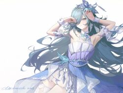 Rule 34 | 1girl, absurdres, armpits, arms up, art program in frame, bare shoulders, bird hair ornament, breasts, closed mouth, commentary request, dress, fu hua, fu hua (azure empyrea), fu hua (cerulean court), grey hair, hair ornament, hair over one eye, highres, honkai (series), honkai impact 3rd, long hair, looking at viewer, nail polish, official alternate costume, open hands, simple background, single thighhigh, small breasts, solo, thighhighs, tutou jiang, twitter username, upper body, white background, white dress, white thighhighs