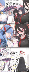 Rule 34 | 6+girls, absurdres, ako (blue archive), anger vein, antenna hair, bell, black choker, black gloves, black hair, black horns, black serafuku, black skirt, black wings, blue archive, blue hair, blue halo, blush, breasts, choker, closed mouth, dark-skinned female, dark skin, demon horns, gloves, grey eyes, grey hair, halo, hasumi (blue archive), highres, hina (blue archive), horns, ichika (blue archive), iori (blue archive), large breasts, long hair, long sleeves, mole, mole under eye, multiple girls, multiple horns, neck bell, neckerchief, nekoya (liu), open mouth, pointy ears, purple eyes, red eyes, red halo, red neckerchief, sailor collar, school uniform, serafuku, shaded face, shirt, sideboob, skirt, tongue, tongue out, tsurugi (blue archive), twintails, white hair, white sailor collar, white shirt, wings