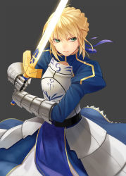 Rule 34 | 1girl, armor, armored dress, artoria pendragon (all), artoria pendragon (fate), blonde hair, corset, dress, excalibur (fate/stay night), fate/stay night, fate/zero, fate (series), faulds, gauntlets, green eyes, hair ribbon, highres, lips, prime, ribbon, saber (fate), short hair, simple background, solo, sword, weapon