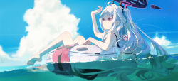 Rule 34 | 1girl, afloat, ahoge, arm up, barefoot, blue archive, blurry, closed mouth, cloud, cumulonimbus cloud, day, demon horns, depth of field, full body, hair ornament, hairclip, halo, highres, hina (blue archive), hina (swimsuit) (blue archive), horns, innertube, long hair, looking afar, ocean, omegu, one side up, outdoors, parted bangs, partially immersed, purple eyes, sky, solo, sparkle, summer, swim ring, swimsuit, water, white hair