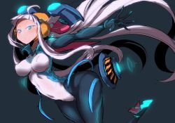 Rule 34 | 1girl, blue eyes, bodysuit, breasts, commentary request, electro emilia, gloves, grey background, headgear, helmet, high heels, ken (koala), large breasts, leotard, long hair, looking at viewer, neon trim, original, simple background, skin tight, solo, thighs, white hair