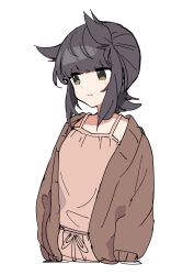Rule 34 | 1girl, alternate costume, black hair, brown cardigan, brown eyes, brown tank top, cardigan, closed mouth, cropped legs, hair horns, hatsuzuki (kancolle), highres, kantai collection, long sleeves, sayuwan, short hair, simple background, solo, tank top, white background