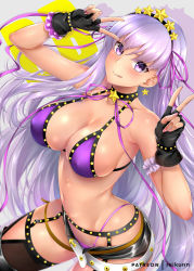 Rule 34 | 1girl, :q, arm garter, bb (fate), bb (fate) (all), bb (swimsuit mooncancer) (fate), bb (swimsuit mooncancer) (second ascension) (fate), belt, black choker, black garter belt, black gloves, black shorts, black thighhighs, boots, breasts, choker, covered erect nipples, double v, fate/grand order, fate (series), fingerless gloves, garter belt, gloves, hair ribbon, hairband, halterneck, highres, large breasts, light purple hair, long hair, looking at viewer, loose belt, micro shorts, nail polish, open clothes, open shorts, purple eyes, purple nails, purple ribbon, rei kun, ribbon, short shorts, shorts, smile, solo, star (symbol), tan, thigh boots, thighhighs, thighhighs under boots, tongue, tongue out, v, very long hair