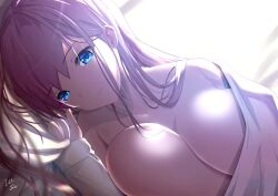 Rule 34 | 1girl, blanket, blue eyes, breasts, fate/grand order, fate (series), large breasts, lee-taro, long hair, lying, miyamoto musashi (fate), on side, smile, solo, topless, white hair