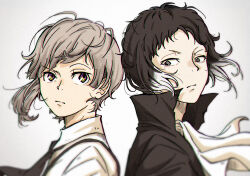 Rule 34 | 2boys, akutagawa ryuunosuke (bungou stray dogs), ascot, back-to-back, black coat, black hair, black necktie, bungou stray dogs, closed mouth, coat, collared shirt, commentary request, floating hair, grey eyes, grey hair, highres, looking at another, male focus, multicolored hair, multiple boys, nakajima atsushi (bungou stray dogs), necktie, norimizu, shirt, short hair, simple background, suspenders, two-tone hair, white ascot, white hair, white shirt, yellow eyes