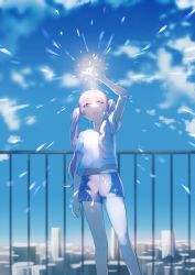 Rule 34 | 1girl, :o, achiki, arm up, bad id, bad twitter id, blue eyes, blue sky, blurry, cloud, cloudy sky, day, depth of field, holding, long hair, looking up, open mouth, original, outdoors, pink hair, railing, rooftop, shirt, short sleeves, shorts, sky, solo, standing, t-shirt, twintails, wavy hair, white shirt