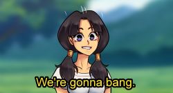 Rule 34 | 1girl, black hair, breasts, collarbone, commentary, dragon ball, dragonball z, english commentary, english text, hair tubes, highres, low twintails, medium breasts, nodding, nortuet, purple eyes, shirt, solo, subtitled, t-shirt, twintails, videl