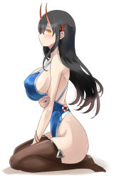 Rule 34 | 1girl, arm under breasts, azur lane, bare shoulders, black hair, blush, bracelet, breasts, brown thighhighs, closed mouth, collarbone, competition swimsuit, hair between eyes, hair ornament, horns, ishizu kayu, jewelry, large breasts, long hair, looking at viewer, one-piece swimsuit, oni horns, profile, sideboob, sidelocks, simple background, solo, suzuya (azur lane), swimsuit, thighhighs, white background, yellow eyes
