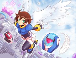Rule 34 | 1girl, aile (mega man zx), angel wings, blue footwear, blush, bodystocking, bracelet, brown hair, building, capcom, city, cloud, cropped jacket, dutch angle, feathers, flying, full body, green eyes, hair between eyes, inti creates, jacket, jewelry, layered sleeves, biometal, long sleeves, mega man (series), mega man zx, model x (mega man), model z (mega man), outstretched arms, pantyhose, pantyhose under shorts, pocket, puffy short sleeves, puffy sleeves, robot ears, short hair, short over long sleeves, short shorts, short sleeves, shorts, shoutaro saito, sky, skyscraper, smile, spread arms, undershirt, white feathers, white shorts, white wings, wings