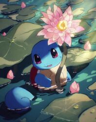 Rule 34 | arc draws, commentary request, creatures (company), day, flower, game freak, gen 1 pokemon, highres, leaf, nintendo, no humans, open mouth, outdoors, partially submerged, pink flower, pokemon, pokemon (creature), purple eyes, solo, squirtle, water