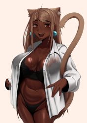 Rule 34 | 1girl, absurdres, animal ears, black bra, black panties, bra, bra visible through clothes, breasts, brown-haired cat girl (kevbot), cat ears, cat girl, cat tail, commentary, cropped legs, dark-skinned female, dark skin, earrings, english commentary, fang, highres, jewelry, kevbot, large breasts, long hair, open clothes, open mouth, open shirt, original, panties, smile, tail, thighs, unbuttoned, unbuttoned shirt, underwear
