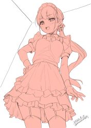 Rule 34 | 1girl, blush, bow, bowtie, dress, frilled dress, frills, garter straps, gloves, hand on own hip, highres, long hair, looking at viewer, looking down, maid, maid headdress, monochrome, open mouth, original, ponytail, scrunchie, short sleeves, sketch, solo, standing, thighhighs, unasaka ryou