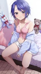 Rule 34 | 1girl, bare legs, bare shoulders, barefoot, bed, bedside, blue hair, blue jacket, blush, breasts, brown eyes, chigusa minori, cleavage, closed mouth, collarbone, from above, hair ornament, hairclip, highres, indoors, jacket, jacket partially removed, light smile, looking at viewer, midriff, nail polish, navel, no bra, official art, open clothes, open fly, open jacket, original, partially unzipped, pillow, pink nails, pink shirt, shirt, short hair, short shorts, shorts, sitting, sleeves past wrists, solo, stuffed animal, stuffed rabbit, stuffed toy, swept bangs, tank top, teddy bear, toes, tsurime, white shorts, zipper, zipper pull tab