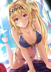 Rule 34 | 1girl, arm support, banner, bare arms, bare shoulders, beach, beach towel, bikini, blonde hair, blue eyes, blue sky, blush, breasts, cleavage, closed mouth, cloud, collarbone, day, flower, foreshortening, front-tie bikini top, front-tie top, full body, granblue fantasy, hair between eyes, hair flower, hair ornament, high heels, highres, horizon, jeanne d&#039;arc (granblue fantasy), kanzaki kureha, large breasts, legs up, light rays, long hair, looking at viewer, navel, ocean, outdoors, palm tree, purple ribbon, ribbon, sidelocks, sky, smile, solo, sunbeam, sunlight, swimsuit, tareme, towel, tree, very long hair, white ribbon, yellow flower