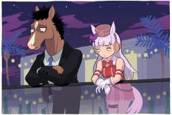 Rule 34 | 1boy, 1girl, animal ears, arm rest, black pants, blue neckwear, bojack horseman, bojack horseman (series), border, breasts, bridle, closed mouth, cloud, crossed arms, crossover, depressed, dress, elbow rest, formal, furry, furry male, gashi-gashi, gloves, gold ship (umamusume), hat, horse, horse ears, horse girl, horse tail, jacket, necktie, night, outdoors, pants, pantyhose, red dress, red neckwear, star (sky), suit, tail, trait connection, umamusume, white border, white gloves
