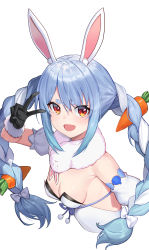 Rule 34 | 1girl, :d, animal ear fluff, animal ears, bare shoulders, black gloves, blue hair, blush, braid, breasts, carrot hair ornament, cleavage, cropped torso, detached sleeves, food-themed hair ornament, fur-trimmed gloves, fur collar, fur trim, gloves, hair ornament, highres, hololive, long hair, looking at viewer, multicolored hair, ohihil, open mouth, pom pom (clothes), puffy short sleeves, puffy sleeves, purple ribbon, rabbit ears, rabbit girl, red eyes, ribbon, short sleeves, sidelocks, simple background, small breasts, smile, solo, strapless, thick eyebrows, twin braids, two-tone hair, upper body, usada pekora, usada pekora (1st costume), v, very long hair, virtual youtuber, white background, white hair